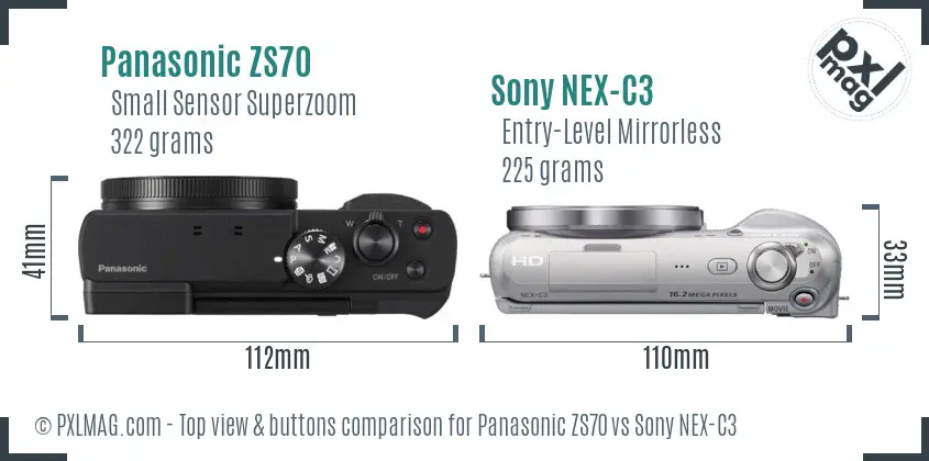 Panasonic ZS70 vs Sony NEX-C3 top view buttons comparison