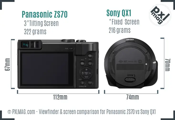 Panasonic ZS70 vs Sony QX1 Screen and Viewfinder comparison