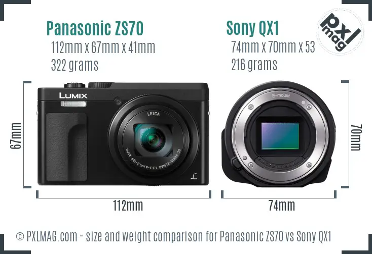 Panasonic ZS70 vs Sony QX1 size comparison
