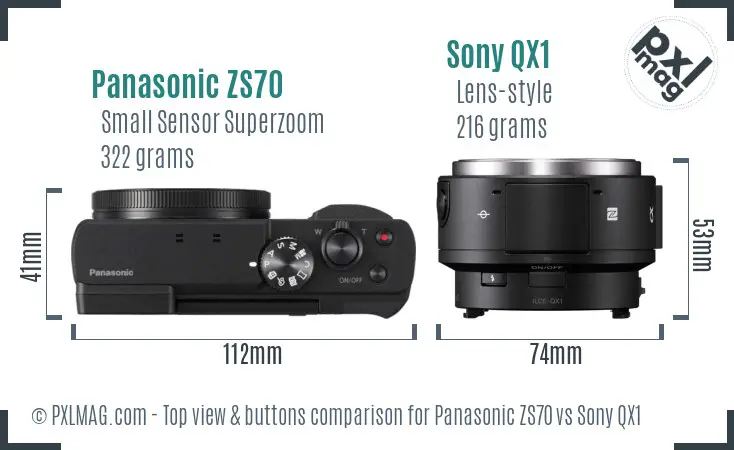 Panasonic ZS70 vs Sony QX1 top view buttons comparison