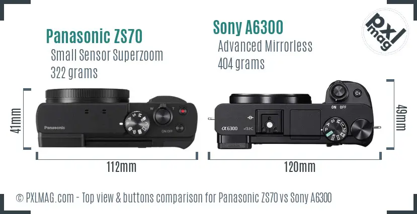 Panasonic ZS70 vs Sony A6300 top view buttons comparison