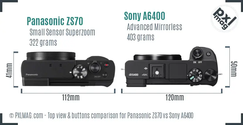 Panasonic ZS70 vs Sony A6400 top view buttons comparison Panasonic ZS70 vs Sony A6400 top view buttons comparison