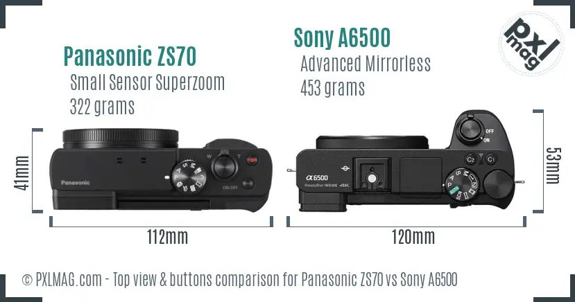 Panasonic ZS70 vs Sony A6500 top view buttons comparison
