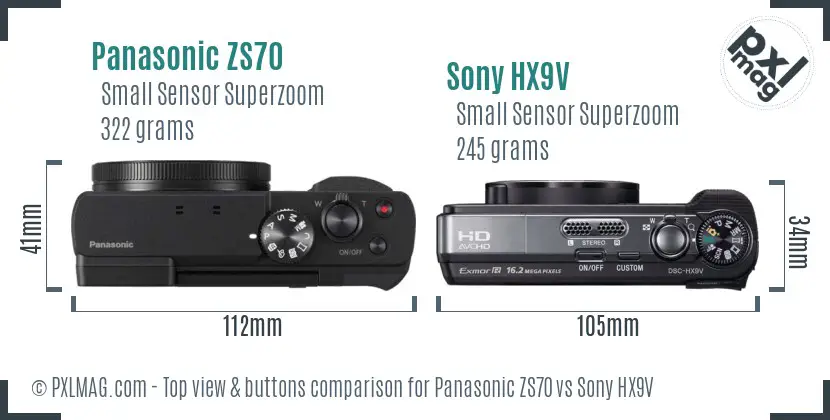 Panasonic ZS70 vs Sony HX9V top view buttons comparison