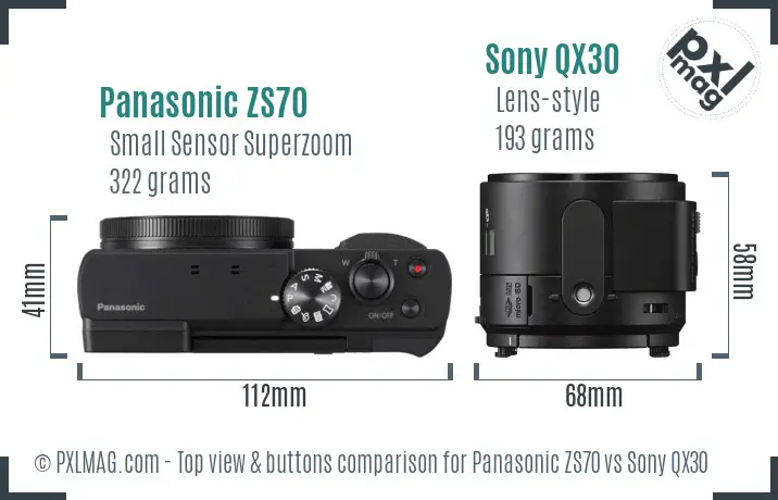 Panasonic ZS70 vs Sony QX30 top view buttons comparison