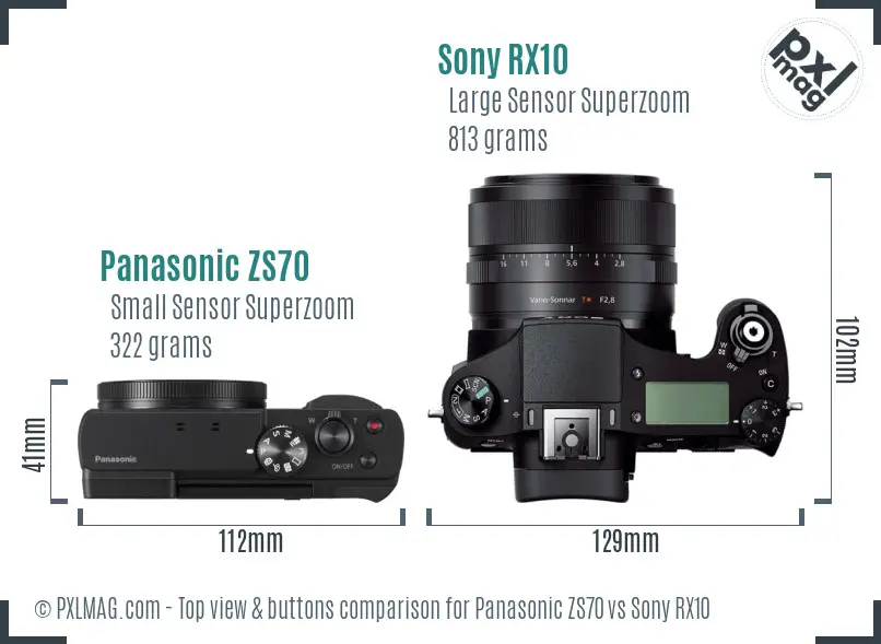 Panasonic ZS70 vs Sony RX10 top view buttons comparison