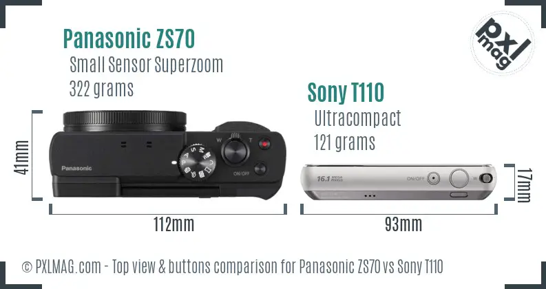 Panasonic ZS70 vs Sony T110 top view buttons comparison