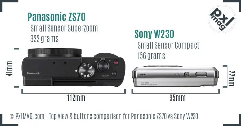 Panasonic ZS70 vs Sony W230 top view buttons comparison