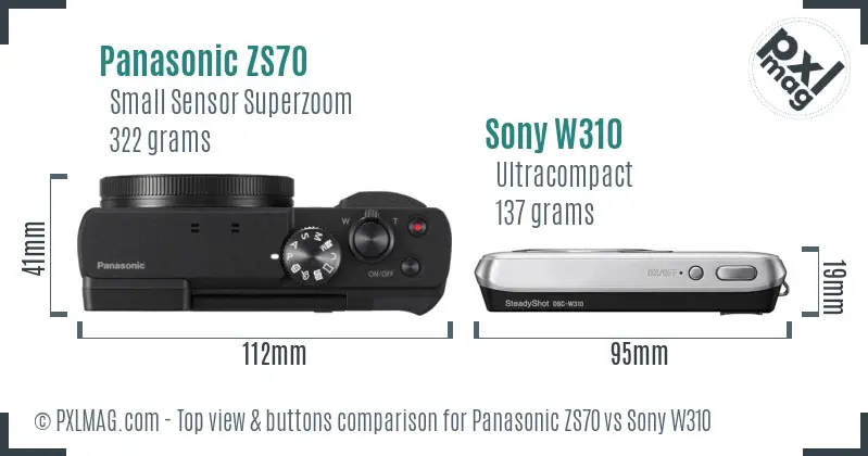 Panasonic ZS70 vs Sony W310 top view buttons comparison