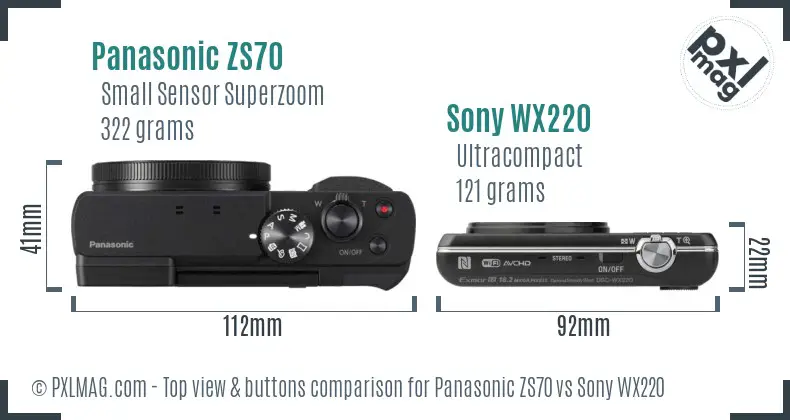 Panasonic ZS70 vs Sony WX220 top view buttons comparison
