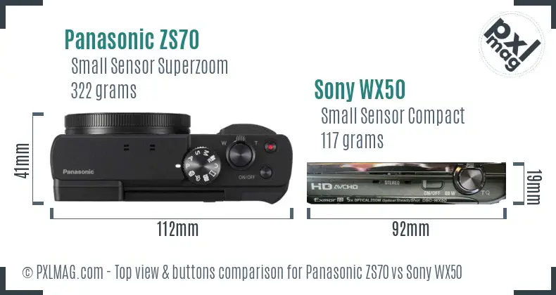 Panasonic ZS70 vs Sony WX50 top view buttons comparison
