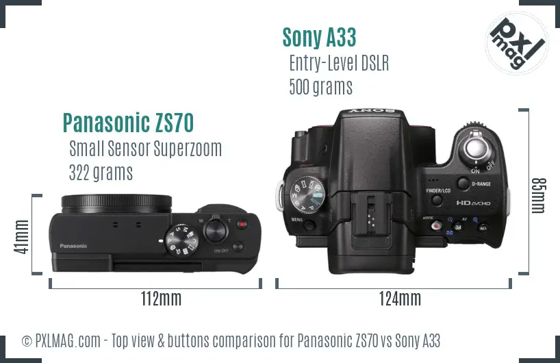 Panasonic ZS70 vs Sony A33 top view buttons comparison Panasonic ZS70 vs Sony A33 top view buttons comparison