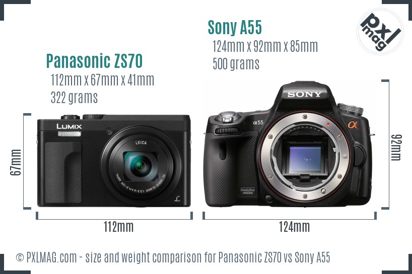 Panasonic ZS70 vs Sony A55 size comparison