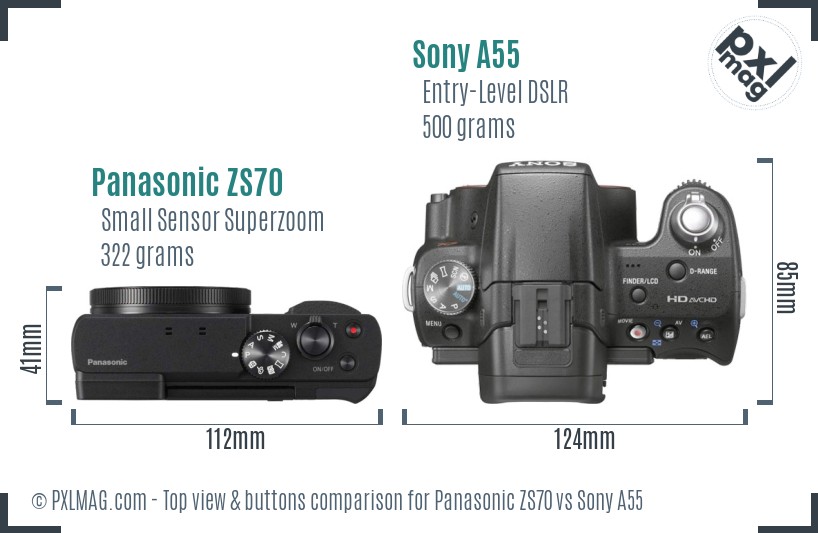 Panasonic ZS70 vs Sony A55 top view buttons comparison