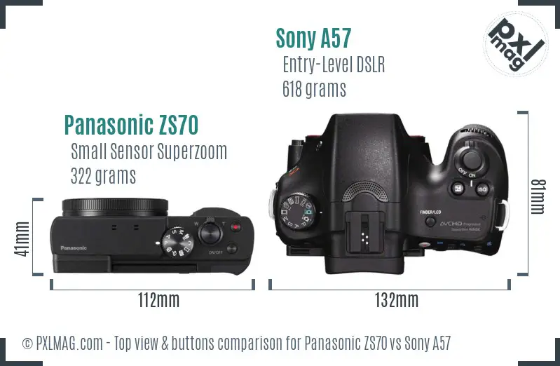Panasonic ZS70 vs Sony A57 top view buttons comparison Panasonic ZS70 vs Sony A57 top view buttons comparison