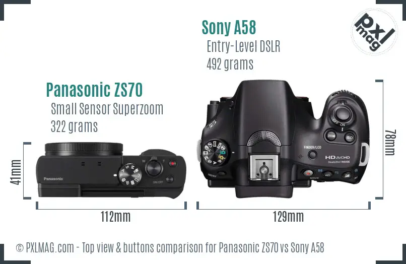 Panasonic ZS70 vs Sony A58 top view buttons comparison Panasonic ZS70 vs Sony A58 top view buttons comparison