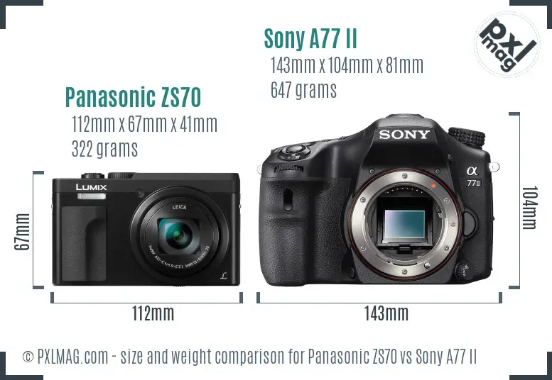 Panasonic ZS70 vs Sony A77 II size comparison