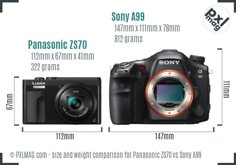 Panasonic ZS70 vs Sony A99 size comparison