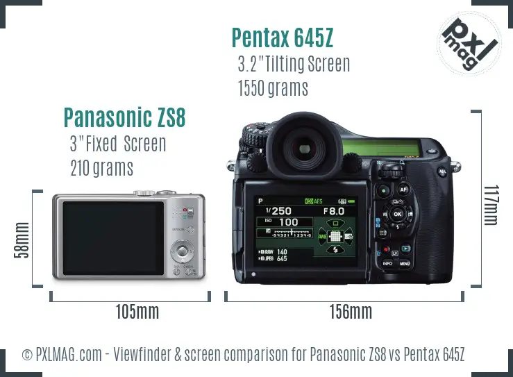 Panasonic ZS8 vs Pentax 645Z Screen and Viewfinder comparison