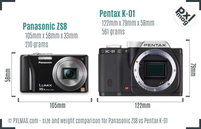 Panasonic ZS8 vs Pentax K-01 size comparison