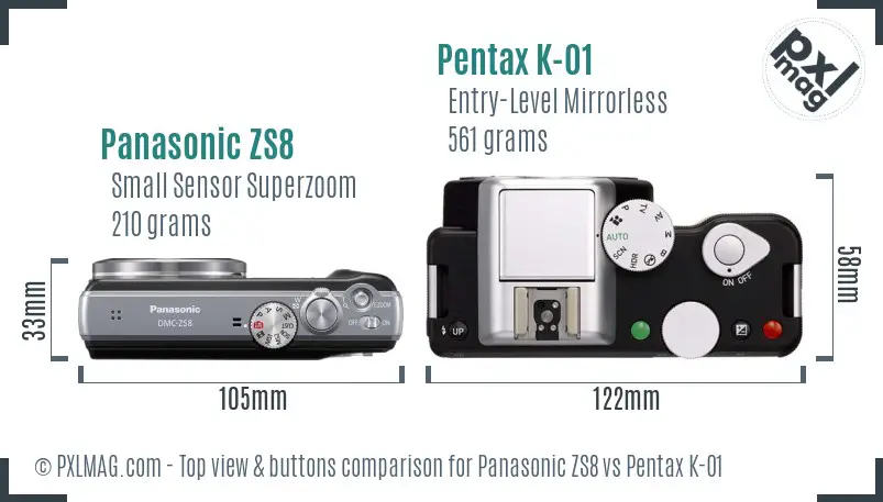 Panasonic ZS8 vs Pentax K-01 top view buttons comparison