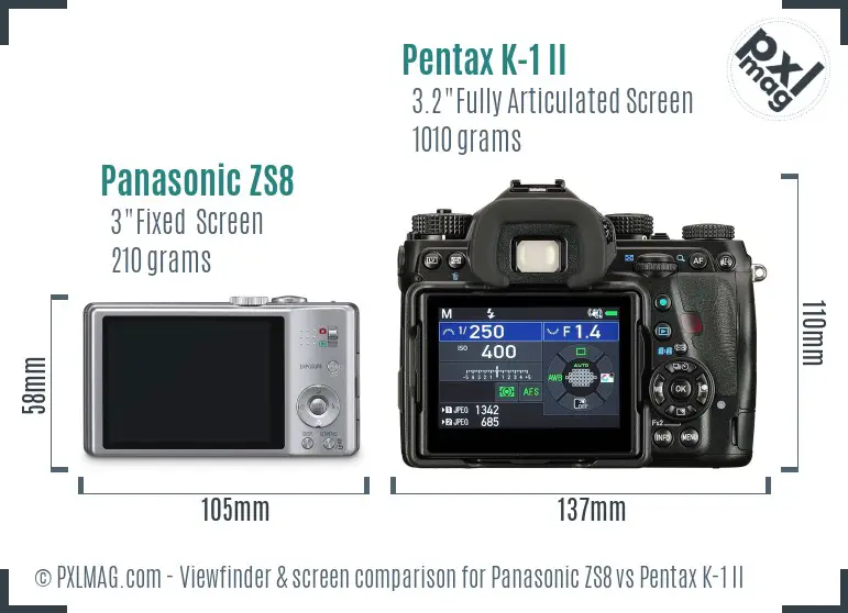 Panasonic ZS8 vs Pentax K-1 II Screen and Viewfinder comparison