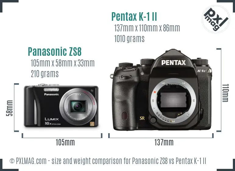 Panasonic ZS8 vs Pentax K-1 II size comparison