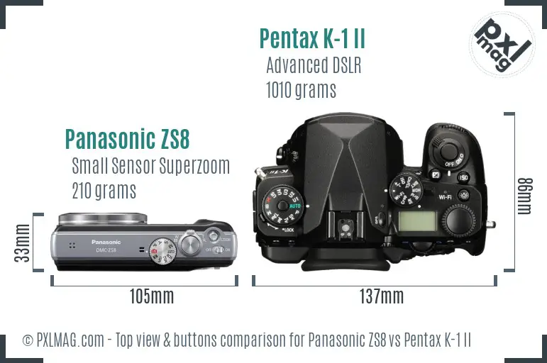 Panasonic ZS8 vs Pentax K-1 II top view buttons comparison