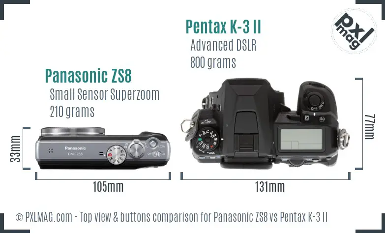 Panasonic ZS8 vs Pentax K-3 II top view buttons comparison