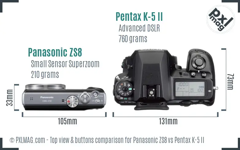 Panasonic ZS8 vs Pentax K-5 II top view buttons comparison