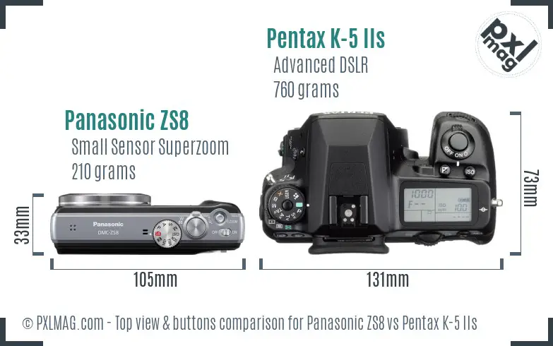 Panasonic ZS8 vs Pentax K-5 IIs top view buttons comparison