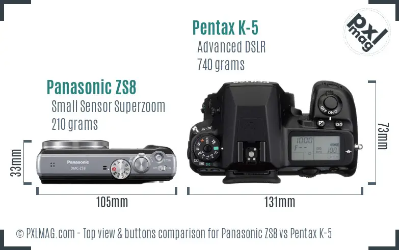 Panasonic ZS8 vs Pentax K-5 top view buttons comparison
