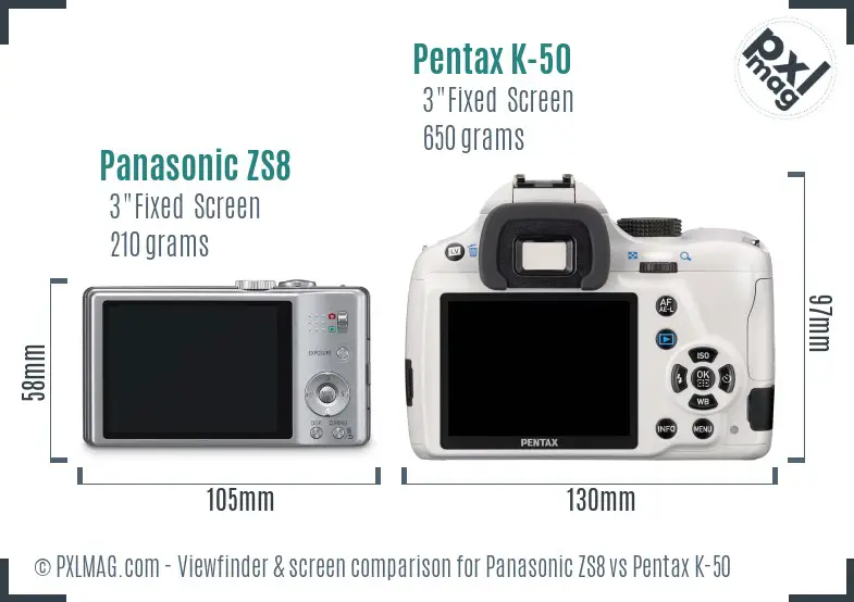Panasonic ZS8 vs Pentax K-50 Screen and Viewfinder comparison