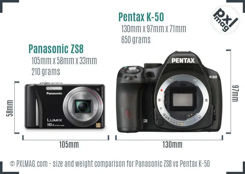 Panasonic ZS8 vs Pentax K-50 size comparison