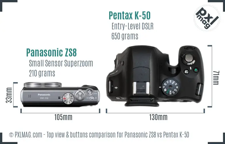 Panasonic ZS8 vs Pentax K-50 top view buttons comparison