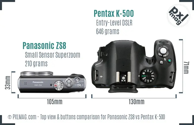 Panasonic ZS8 vs Pentax K-500 top view buttons comparison