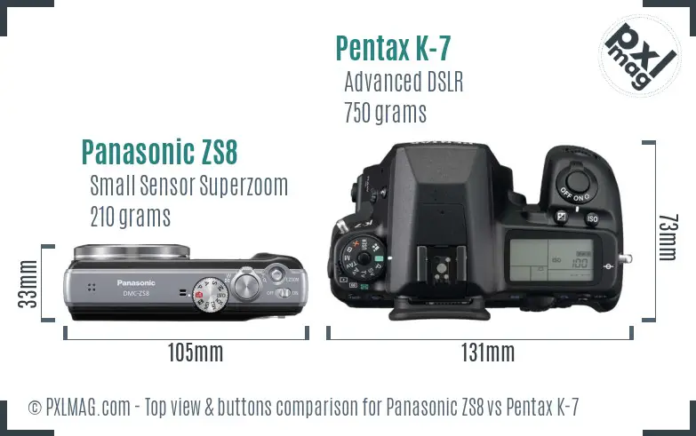 Panasonic ZS8 vs Pentax K-7 top view buttons comparison