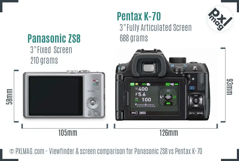 Panasonic ZS8 vs Pentax K-70 Screen and Viewfinder comparison