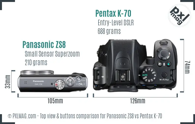 Panasonic ZS8 vs Pentax K-70 top view buttons comparison