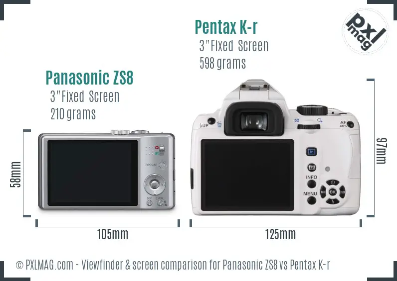 Panasonic ZS8 vs Pentax K-r Screen and Viewfinder comparison