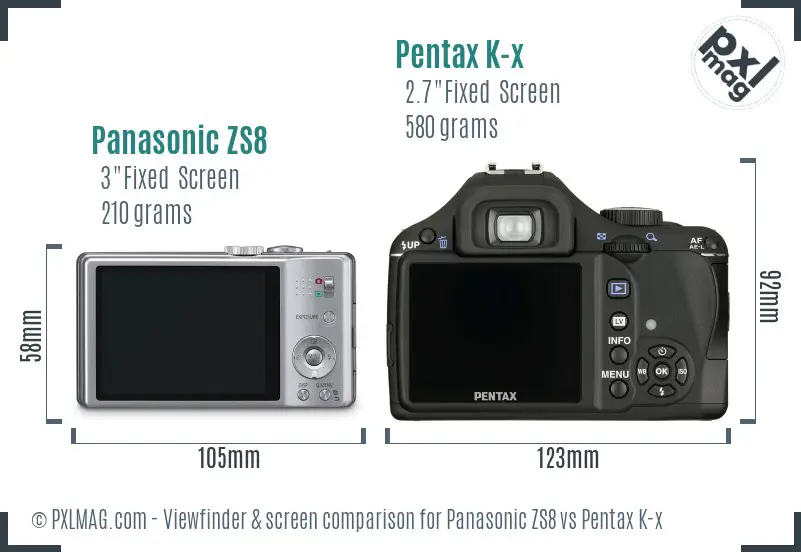 Panasonic ZS8 vs Pentax K-x Screen and Viewfinder comparison