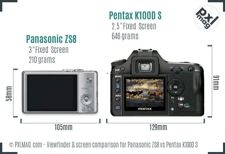 Panasonic ZS8 vs Pentax K100D S Screen and Viewfinder comparison