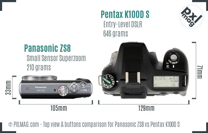 Panasonic ZS8 vs Pentax K100D S top view buttons comparison