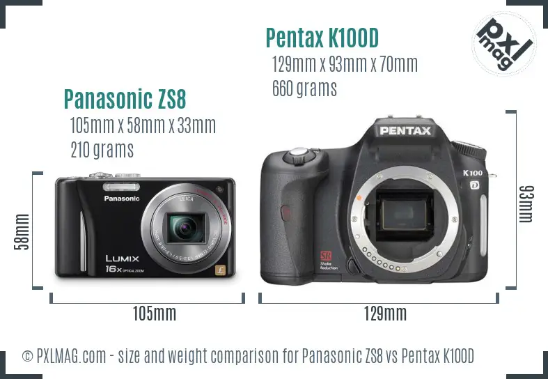 Panasonic ZS8 vs Pentax K100D size comparison