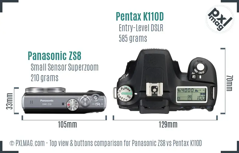 Panasonic ZS8 vs Pentax K110D top view buttons comparison