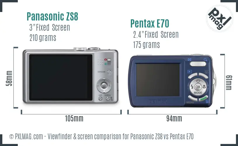 Panasonic ZS8 vs Pentax E70 Screen and Viewfinder comparison