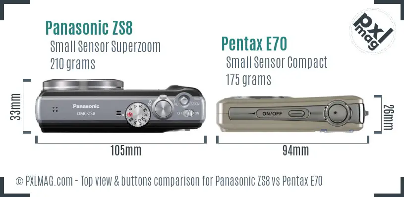 Panasonic ZS8 vs Pentax E70 top view buttons comparison