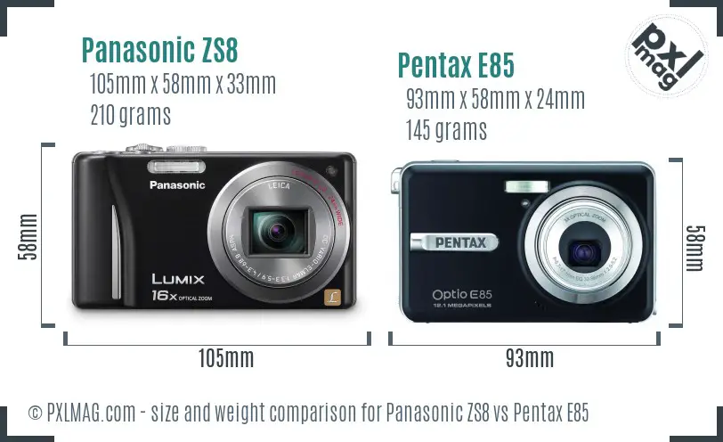 Panasonic ZS8 vs Pentax E85 size comparison