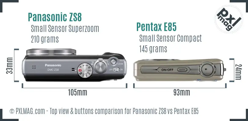 Panasonic ZS8 vs Pentax E85 top view buttons comparison