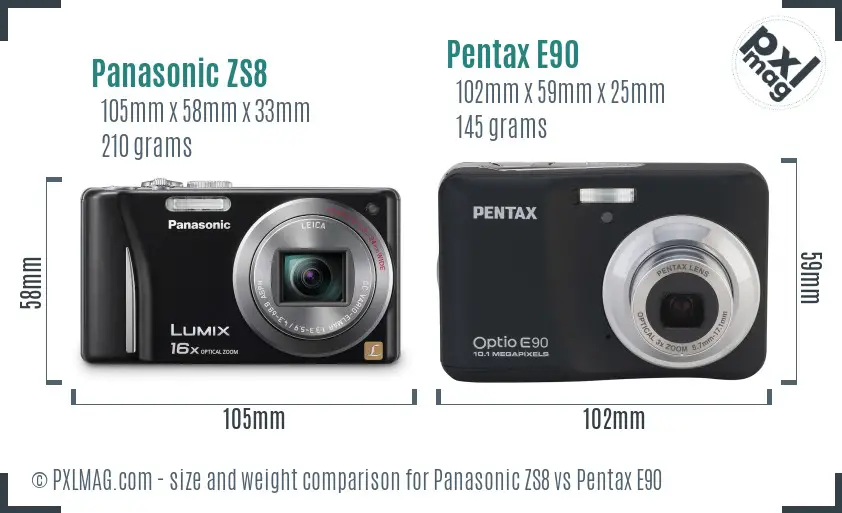 Panasonic ZS8 vs Pentax E90 size comparison